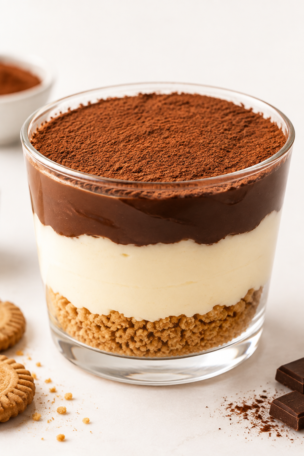 Layered chocolate cream cheese dessert in a transparent cup with crushed biscuits, cream cheese, chocolate and cocoa powder dusting