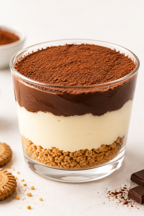Layered chocolate cream cheese dessert in a transparent cup with crushed biscuits, cream cheese, chocolate and cocoa powder dusting