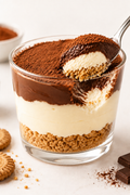 Spoon digging into layered chocolate cream cheese dessert cup showing crushed biscuit, cream cheese, and chocolate layers